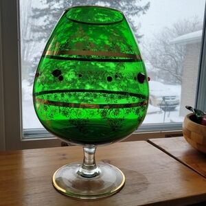 Vtg Giant Empoli Green Glass Gilded Hand Painted Pedestal Vase Snifter MCM 11"
